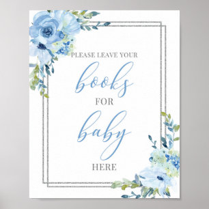 Poster Rustique bleu floral argent chic livres pour bébé 