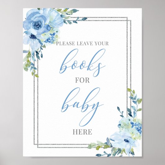 Poster Rustique bleu floral argent chic livres pour bébé  (Devant)
