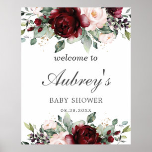 Poster Rustique Bourgogne Blush Baby shower Floral Bienve