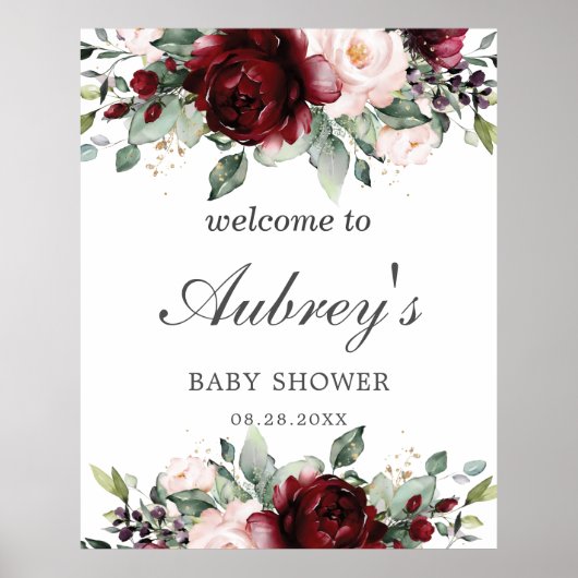 Poster Rustique Bourgogne Blush Baby shower Floral Bienve (Devant)