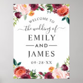 Poster Rustique Bourgogne Blush Fall Floral Mariage Bienv (Devant)