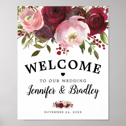 Poster Rustique Bourgogne Blush Floral Mariage de bienven (Devant)