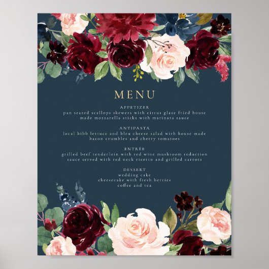 Poster Rustique Bourgogne et Navy Floral Dinner Menu (Devant)