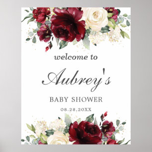 Poster Rustique Bourgogne ivoire Baby shower Floral Bienv