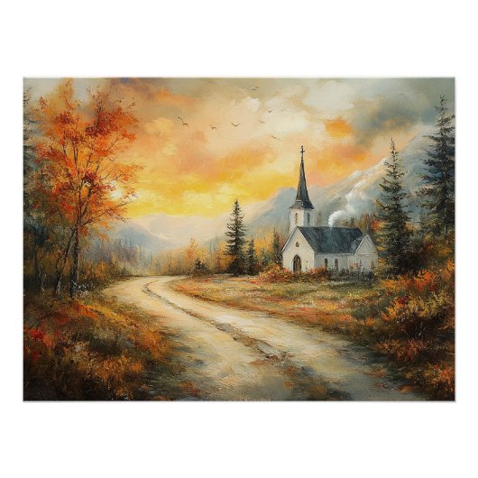 Poster Rustique église d'automne aquarelle peinture (Devant)