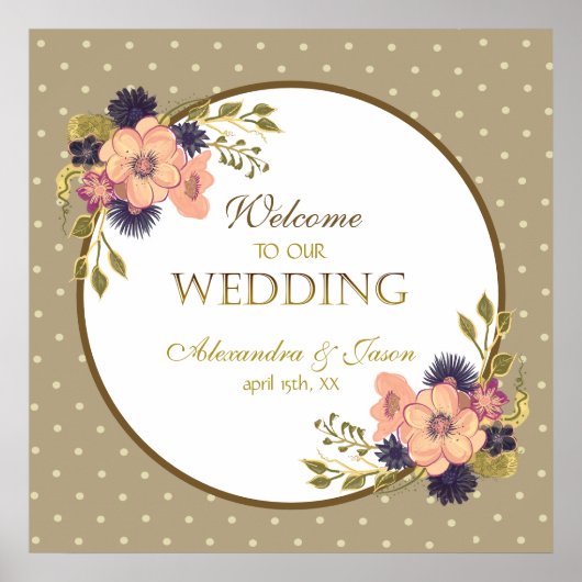 Poster Rustique Floral rose et or Mariage de bienvenue (Devant)