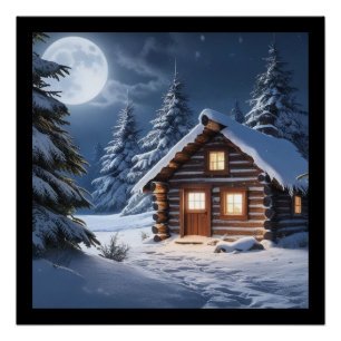 Poster Rustique Moonlight Cosy Cabine d'hiver