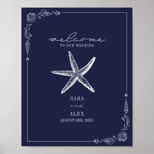 Poster Rustique Starfish Dark Blue Beach Mariage Bienvenu (Devant)