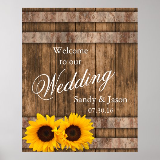 Poster Rustique Tournesol Grange Mariage en bois Bienvenu (Devant)