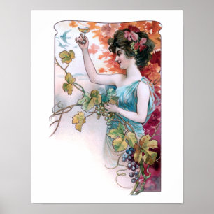 Poster Rustique Vintage fille avec vin