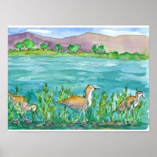Poster Sable Piper Lake Shore Birds Mountain Watercolor (Devant)