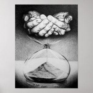 Poster Sablier Temps Mains Dessin au crayon Art surréalis