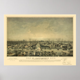 Poster Sacramento, carte panoramique de CA - 1850