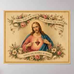 Poster Sacré-Cœur de Jésus vintage avec prière de Ste Thé