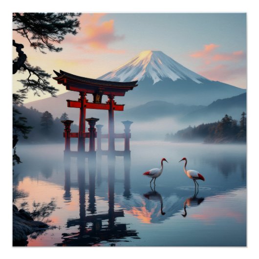 Poster Sacred Dance: Red Crown Cranes at Fuji's Gate (Devant)