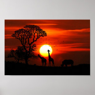 Poster Safari Africain Sunset Animal Silhouettes