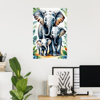 Poster Safari African Elephants Family, Baby Elephant