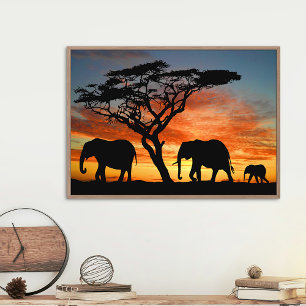 Poster Safari Afrique Sunset Elephant Silhouette Art