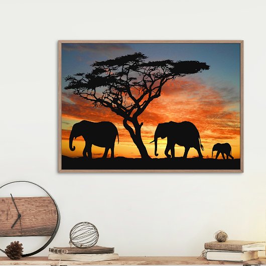 Poster Safari Afrique Sunset Elephant Silhouette Art