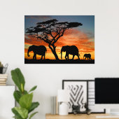 Poster Safari Afrique Sunset Elephant Silhouette Art (Bureau à domicile)