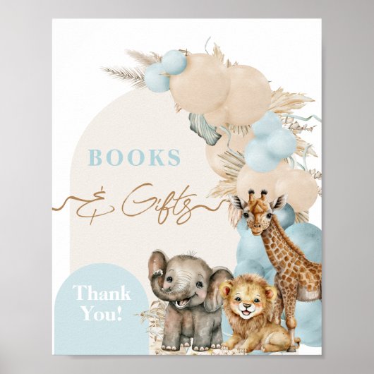 Poster Safari Animal Boho Blue Balloon Baby shower garçon (Devant)