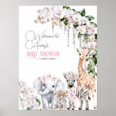 Poster Safari Animal Tropical Baby shower rose Fleur (Devant)
