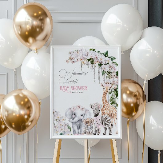 Poster Safari Animal Tropical Baby shower rose Fleur