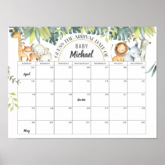 Poster Safari animaux baby shower date d'échéance deviner