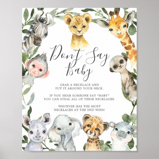 Poster Safari Animaux Baby shower Ne pas dire bébé signe (Devant)