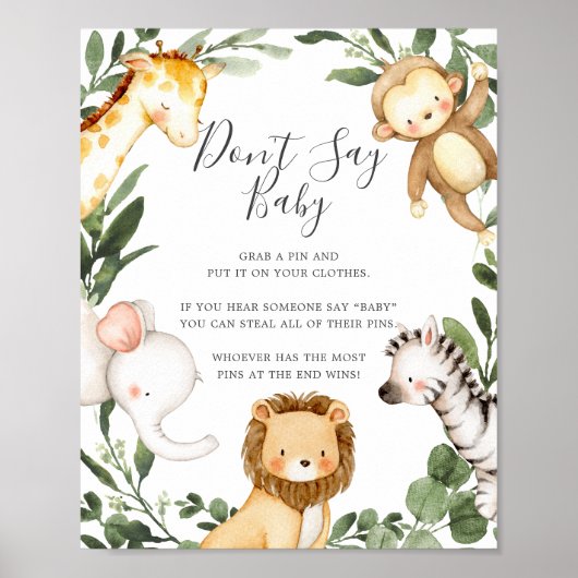 Poster Safari Animaux Baby shower Ne pas dire bébé signe (Devant)