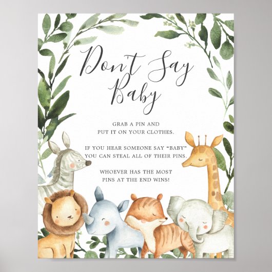 Poster Safari Animaux Baby shower Ne pas dire bébé signe (Devant)