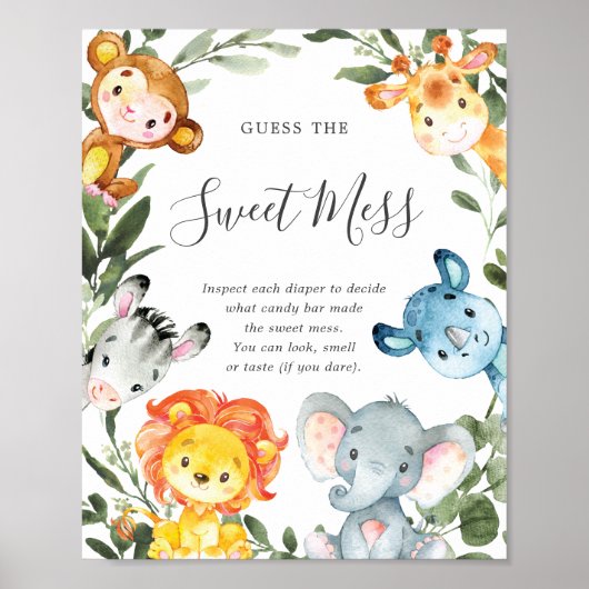 Poster Safari Animaux Baby showers Devinez Le Mess Sweet (Devant)