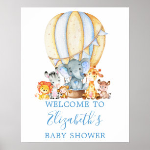 Poster Safari Animaux Blue Balloon Baby shower Bienvenue