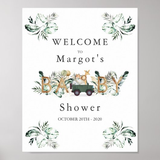 Poster Safari Animaux Conduite Par Baby shower Verdure Or (Devant)