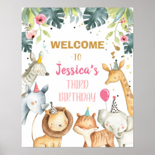 Poster Safari Animaux Fille Anniversaire Panneau de bienv