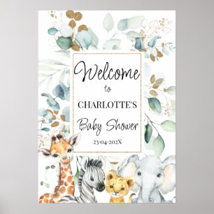 Poster Safari Animaux Foliage Baby shower Bienvenue