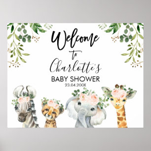 Poster Safari Baby shower Floral Rose Bienvenue
