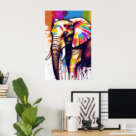 Poster Safari Elephant Art, Rainbow Paint Splatter Wall (Bureau à domicile)