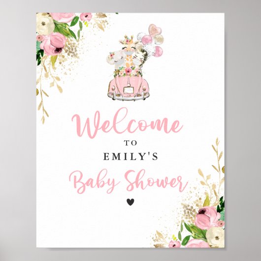 Poster Safari Floral Rose Animaux Conduits Par Baby showe (Devant)