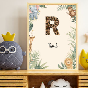 Poster Safari Jungle Monogramme Personnalisé Enfant Nurse