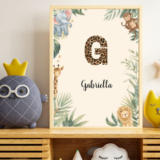 Poster Safari Jungle Monogramme Personnalisé Nom G Crèche