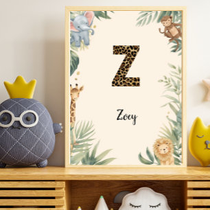 Poster Safari Jungle Monogramme Personnalisé Nom Z Crèche