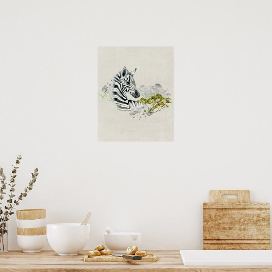Poster Safari Zebra Avec Aquarelle Savannah Arbre Vert (Cuisine)