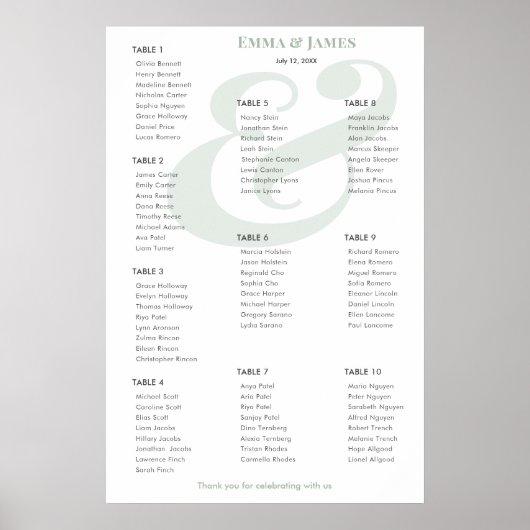 Poster Sage Ampersand Mariage | Plan de table 10 (Devant)