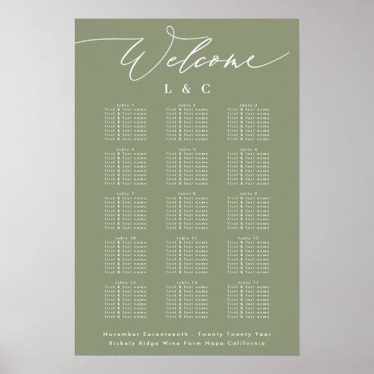 Poster Sage Calligraphie Mariage Welcome Seing Chart (Devant)