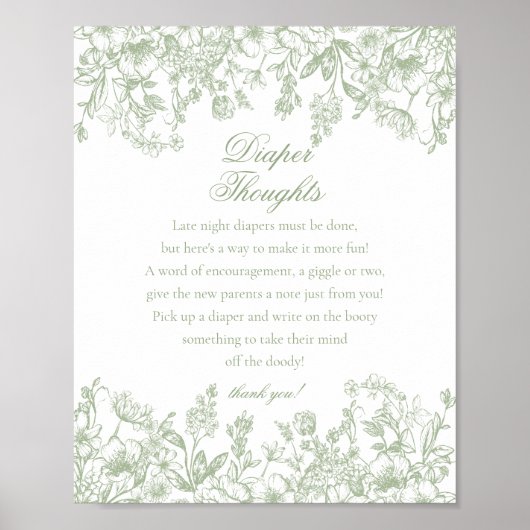 Poster Sage Chinoiserie Flora Diaper Thoughts Baby Shower (Devant)