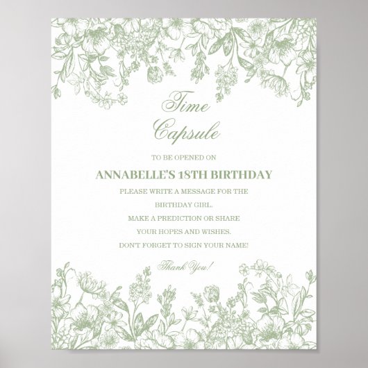Poster Sage Chinoiserie Floral Time Capsule Baby Birthday (Devant)