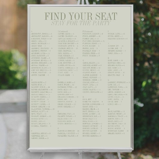 Poster Sage Green Alphabetical Wedding Seating Chart
