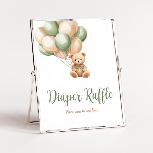 Poster Sage Green Bear Balloon Baby shower Déchets Raffin