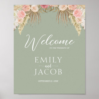 Poster Sage Green Boho Floral Mariage Whimsical Bienvenue